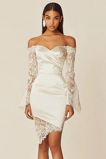 Off The Shoulder Lace Bodycon White Graduation Dress with Long Sleeves